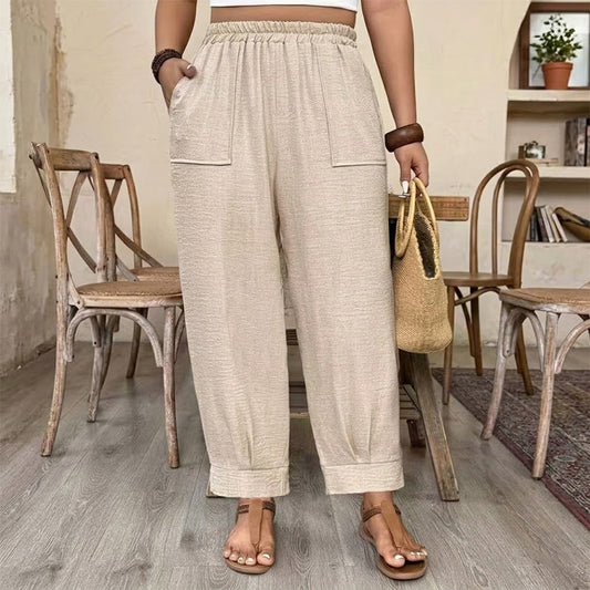 👖 50% RABATT! 🌾 Damen Leinen-Optik Freizeithose – Elastischer Bund, lockerer Schnitt & Taschen – Super bequem für Alltag, Reisen oder warme Tage – stilvoll & leicht 🤍✨