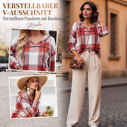 👚 50 % RABATT | Lässiger Karo-Look & entspannter Tragekomfort – Damen Kapuzenshirt mit V-Ausschnitt
